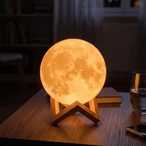 Rechargeable 3D Moon Lamp with Wooden Stand - 16-Color RGB Night Light with Touch and Remote Control